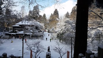 Un sendero cubierto de nieve que lleva a un edificio tradicional con tejado inclinado.
