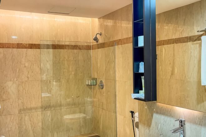 Bathroom | Hair dryer, slippers, towels