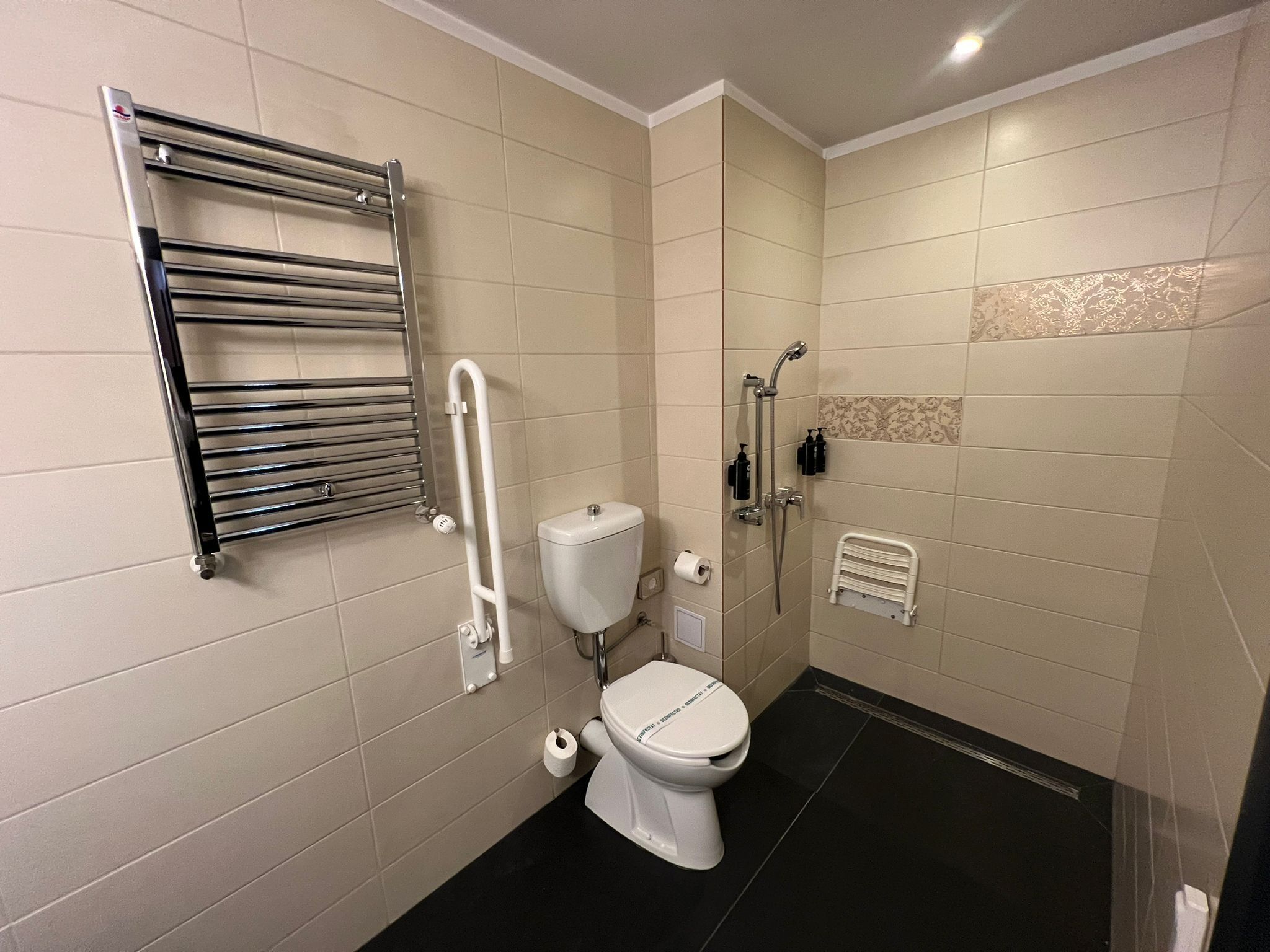 A modern bathroom with a toilet, a shower, a hand dryer, and a towel rack.