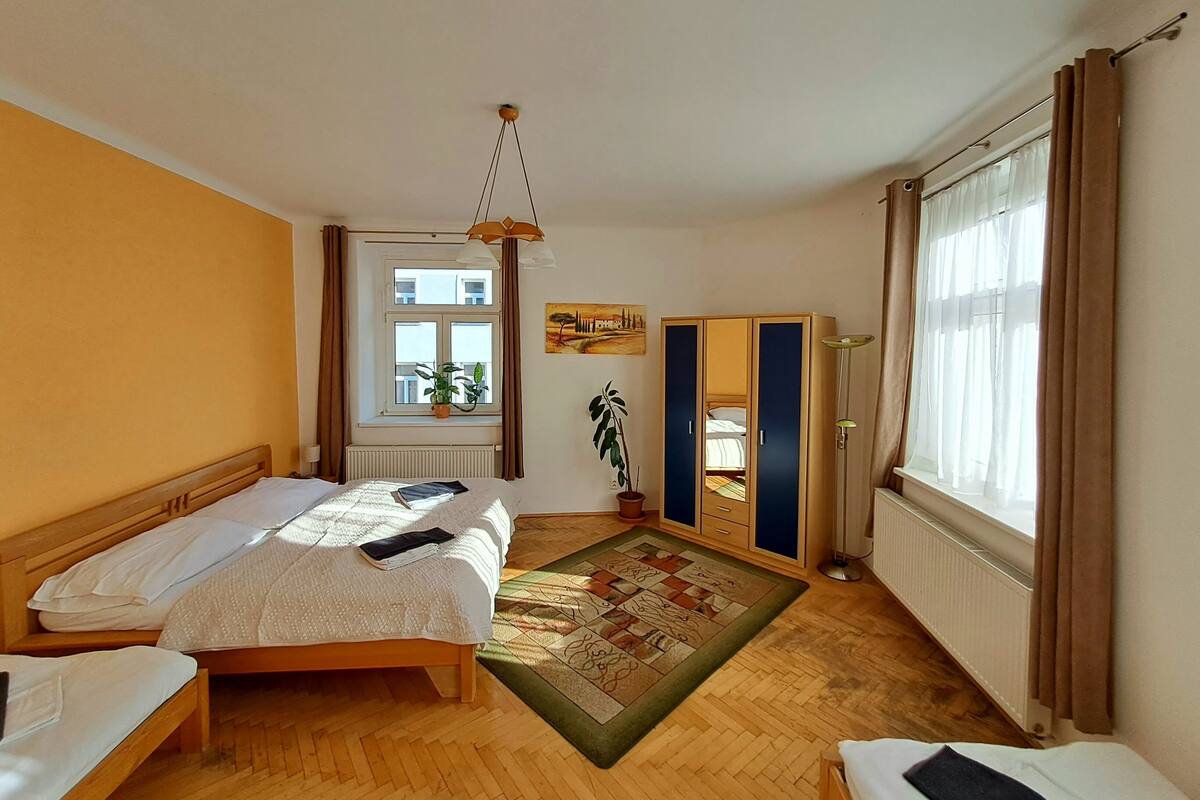 A hotel room with a bed, a bedside table, a window with curtains, a radiator, a plant, and a wardrobe.
