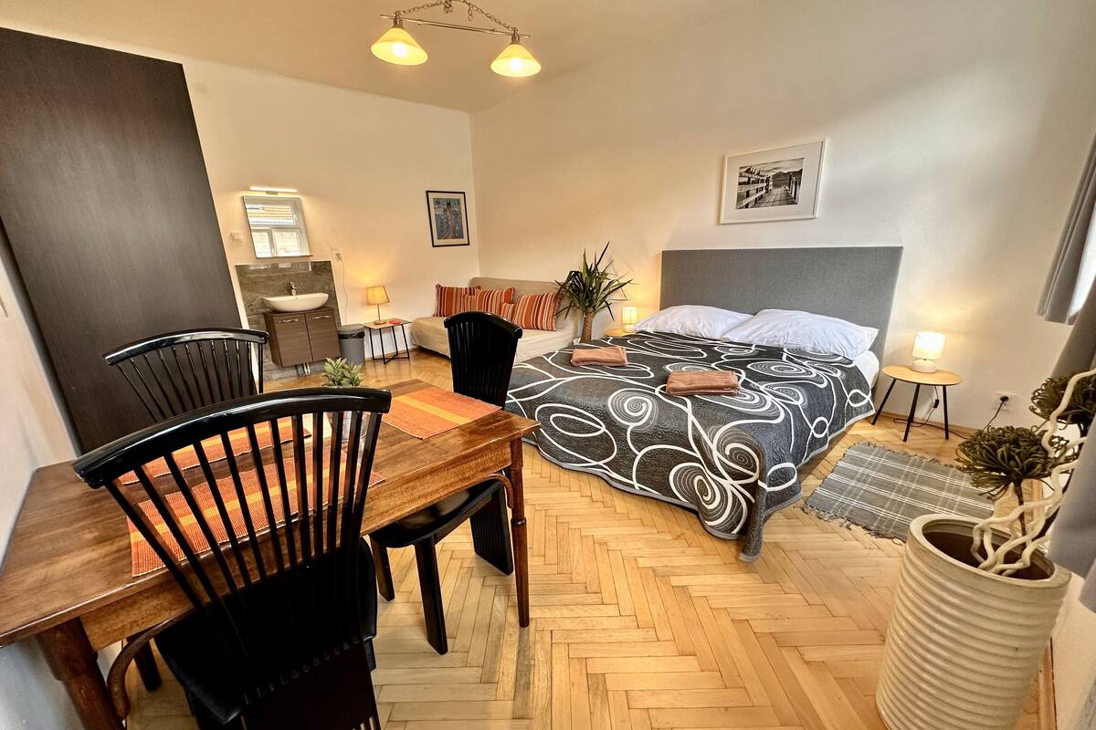 A compact hotel room with a bed, a dining table with chairs, a small kitchen area, and a potted plant.