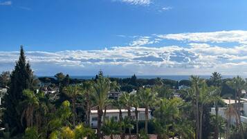 A pool area with a view of a coastal town, surrounded by palm trees and a clear sky.