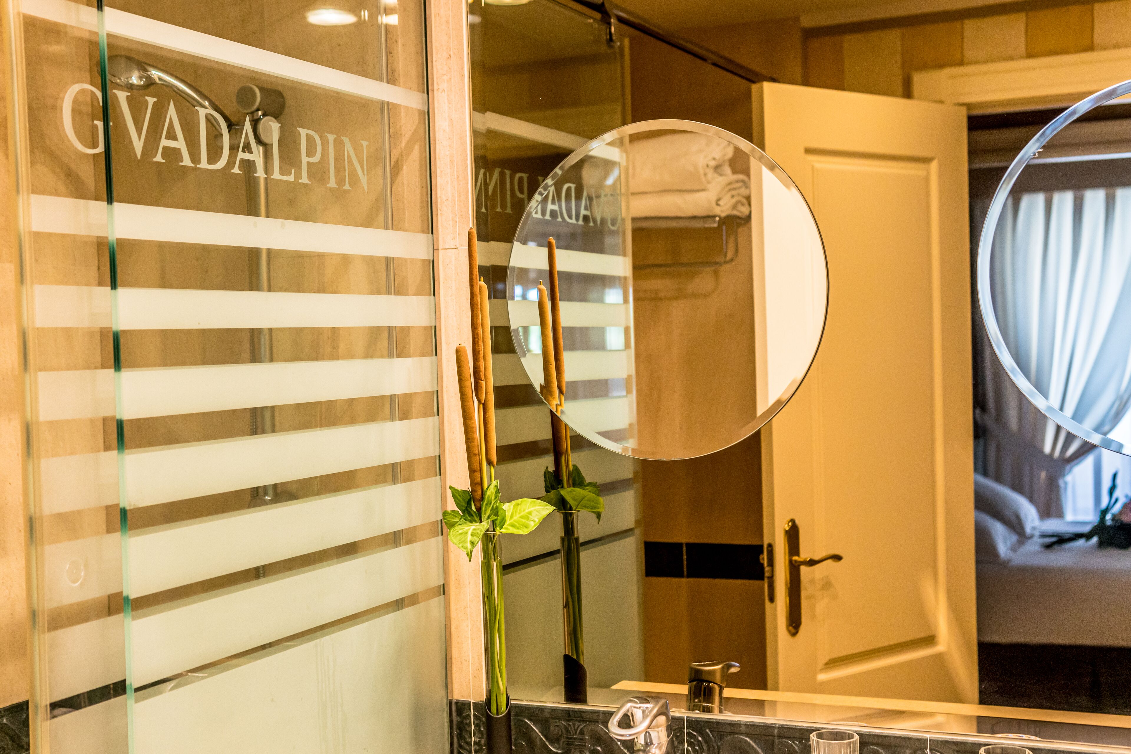 Un baño con puerta de cristal que indica "GVADALPIN", un espejo redondo y una planta.