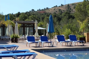 Outdoor pool, pool umbrellas, pool loungers