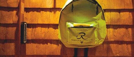 A backpack hanging on a wooden wall.