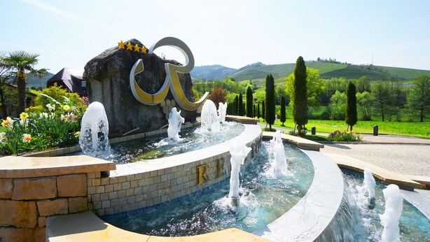 A fountain with water jets, a large rock with a golden letter 'R', and a landscaped garden with trees and flowers. - Hotel-Restaurant Rebstock (Durbach)