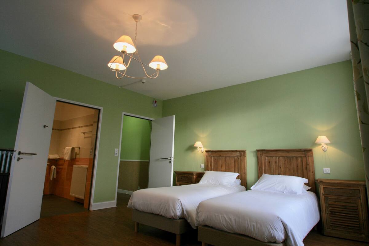 A bedroom with two beds, a wooden headboard, a chandelier, and a bathroom visible through an open door.