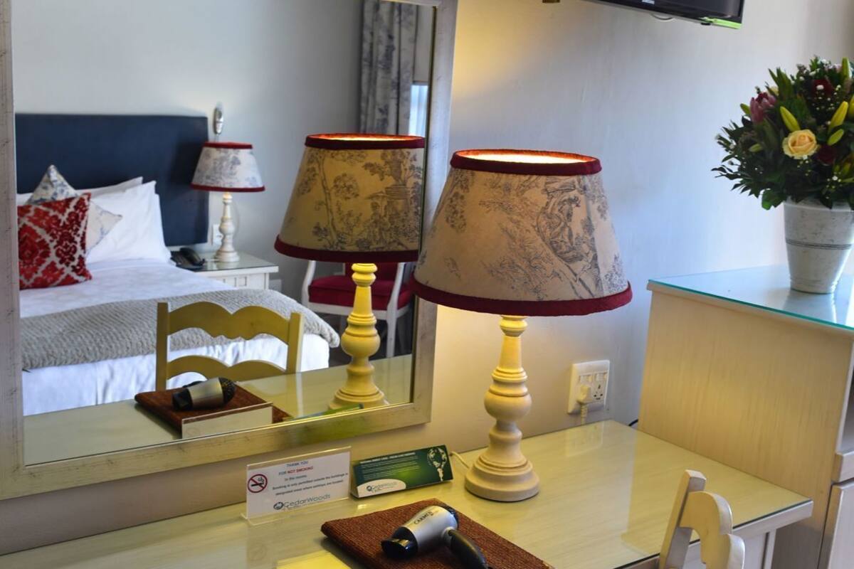 Habitación de hotel con una cama, un escritorio con una silla, un televisor montado en la pared y un florero sobre el escritorio.