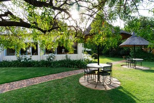 A patio area with a brick pathway, round tables, and chairs, surrounded by lush greenery and a building with large windows.