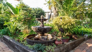 Een tuin met een fontein in het midden, omringd door verschillende planten en een houten rand.