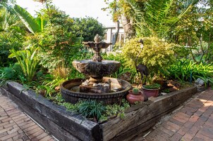 Un jardín con una fuente central rodeada de diversas plantas y un borde de madera.