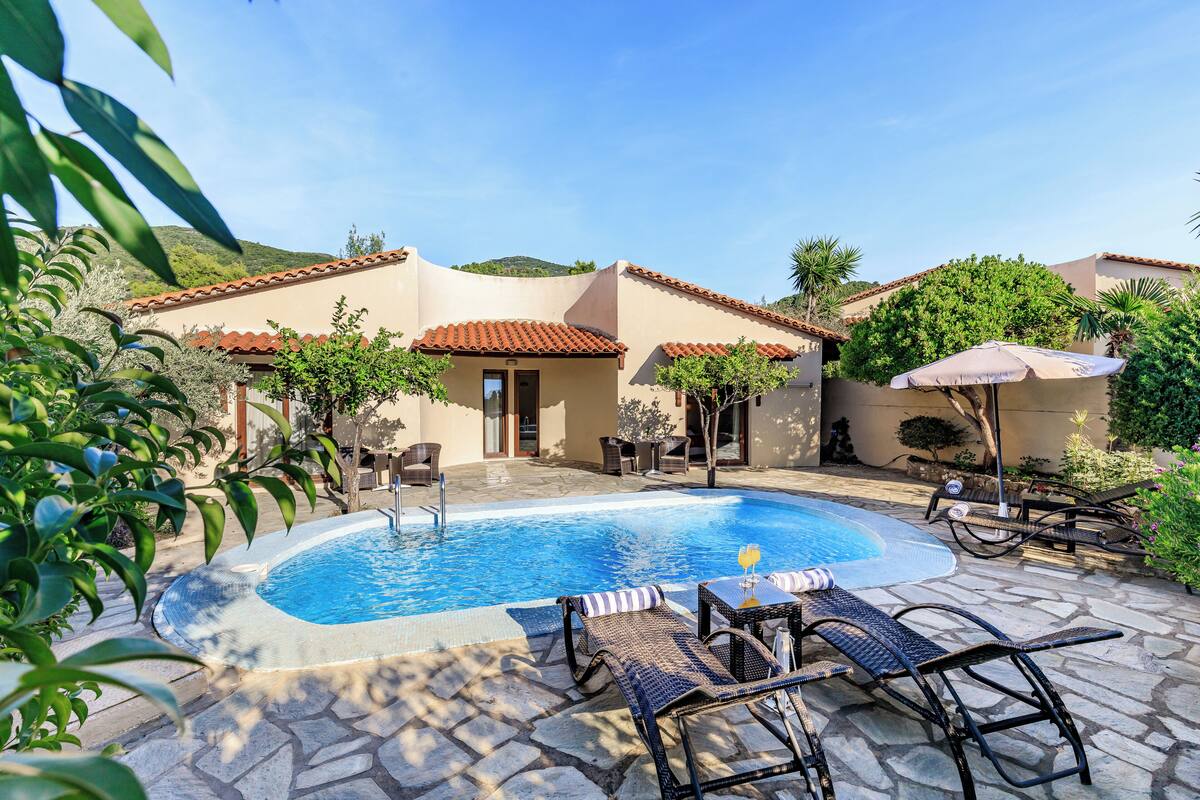 A swimming pool with lounge chairs and umbrellas, surrounded by a stone patio and greenery.