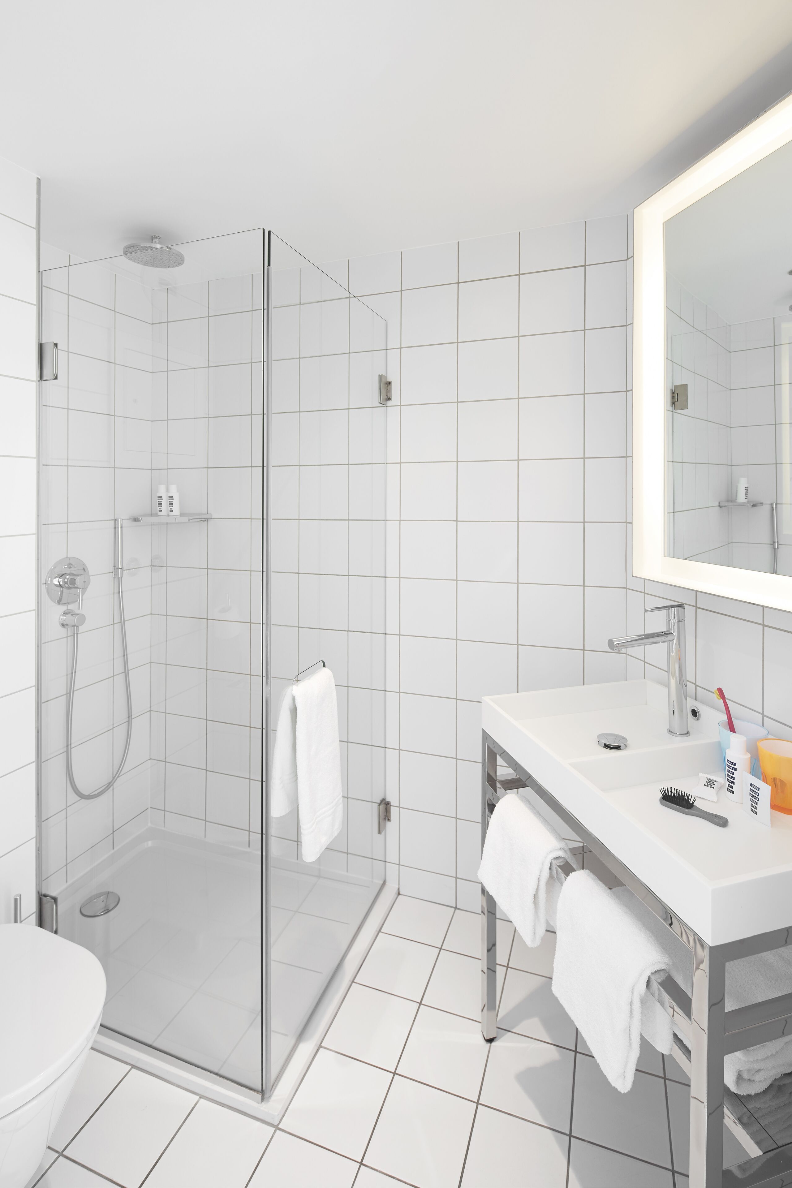 shower, rainfall showerhead, free toiletries, hair dryer