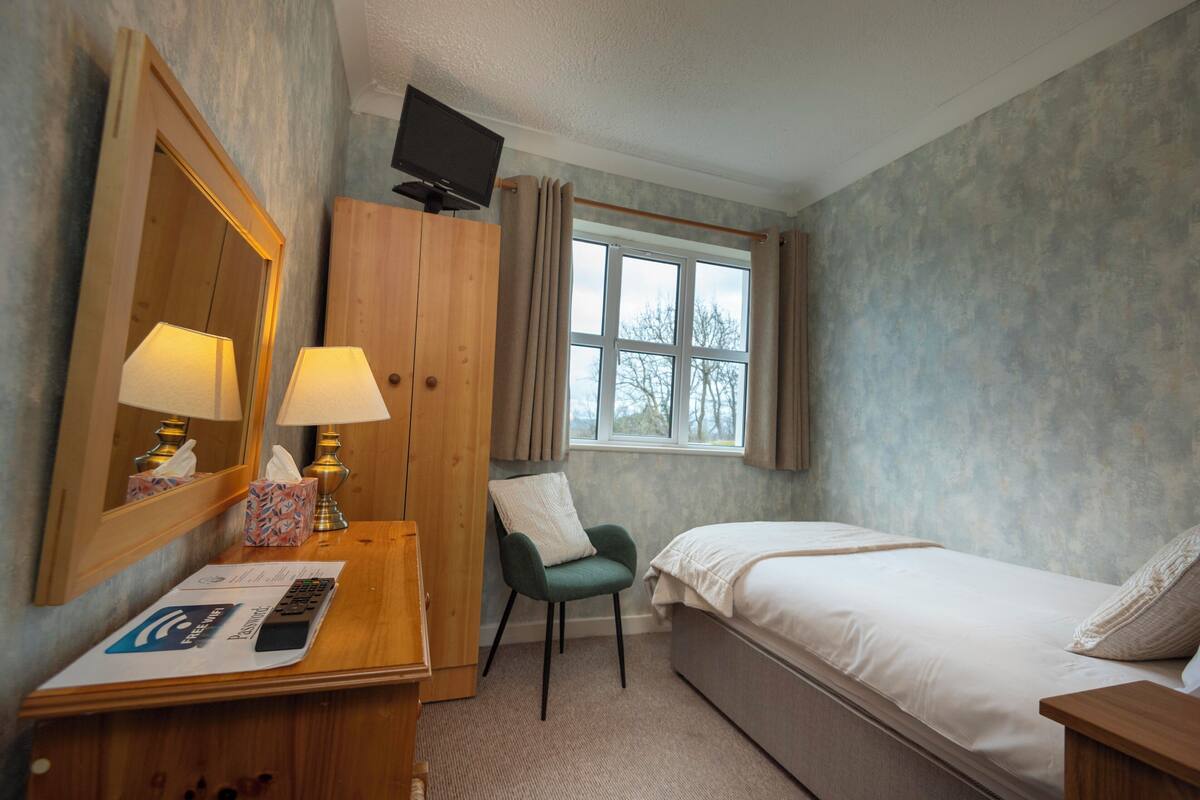 A hotel room with a bed, a desk with a lamp, a chair, a television, and a window with curtains.