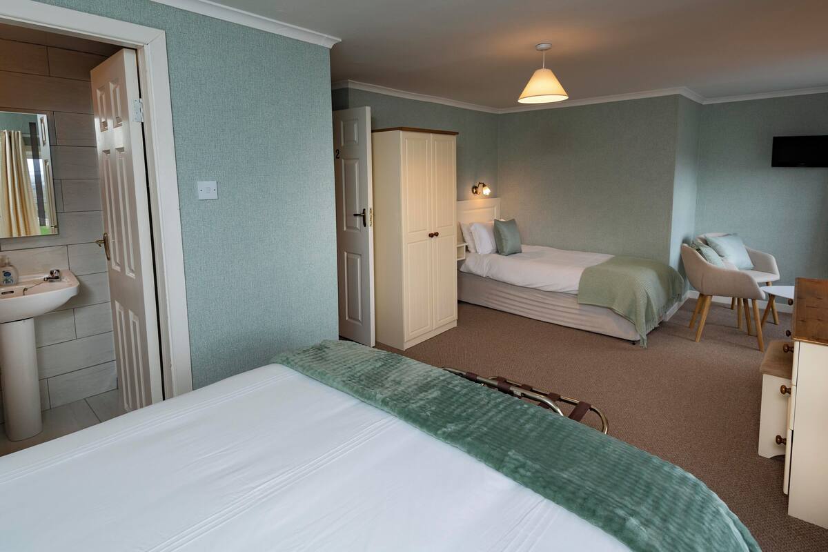 A hotel room with a bed, a desk, a chair, a wardrobe, a mirror, and a bathroom with a sink and toilet.