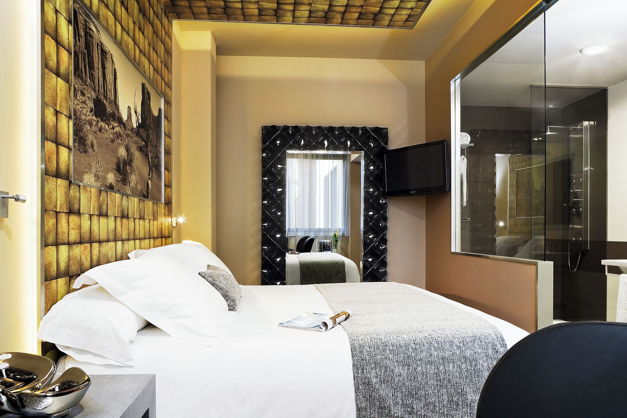 Habitación de hotel con cama, televisión, ducha y un cuadro colgado en la pared.