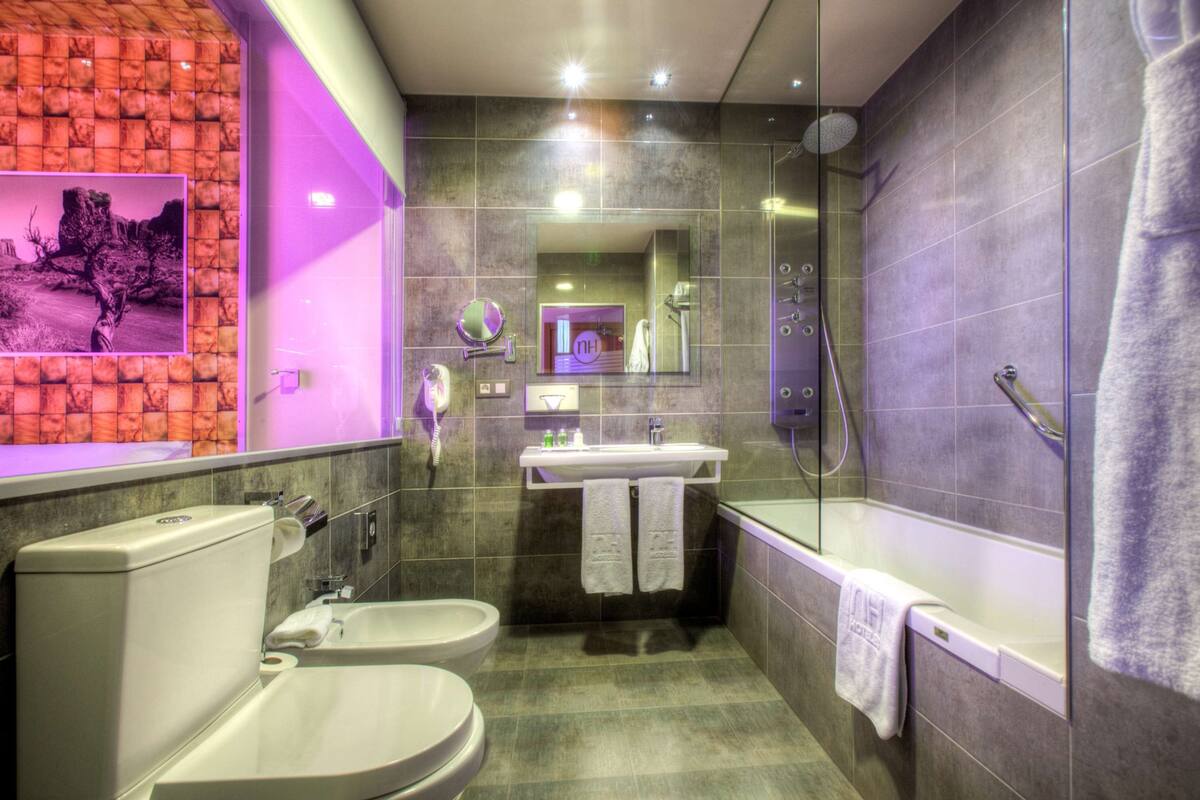 family room | bathroom | eco-friendly toiletries, hair dryer, bidet, towels