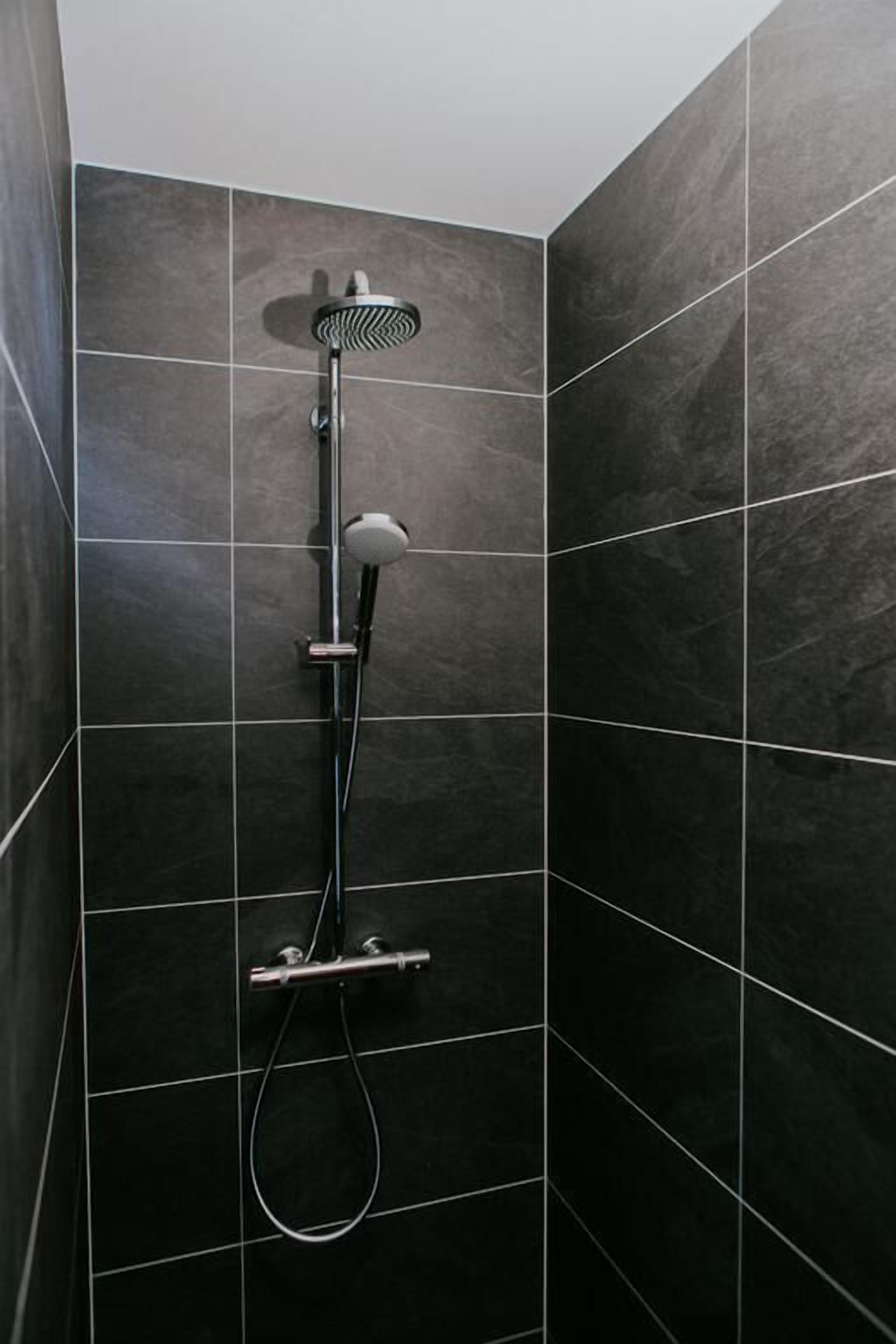 Une douche équipée d’un pommeau de douche et d’un flexible à main.