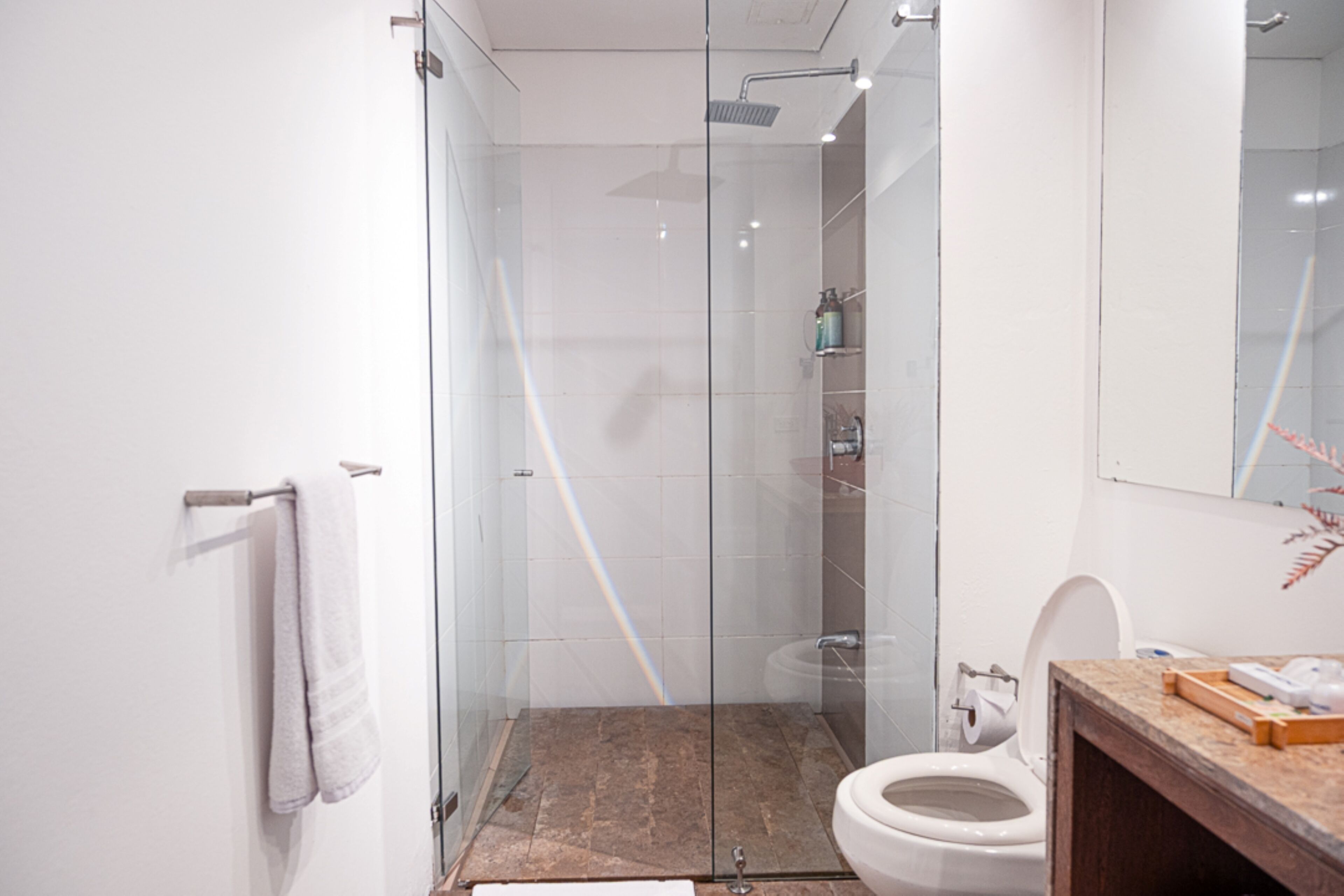 A modern bathroom with a glass-enclosed shower, a toilet, and a vanity with a mirror.