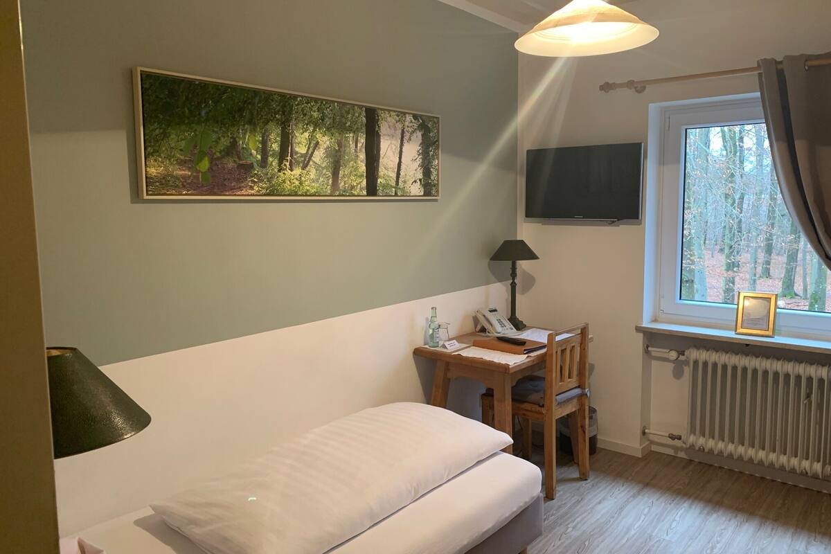 Un dormitorio con cama, un escritorio con lámpara, una silla, un televisor montado en la pared y una ventana con vistas a árboles.