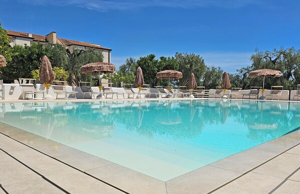 Seasonal outdoor pool, pool umbrellas, pool loungers