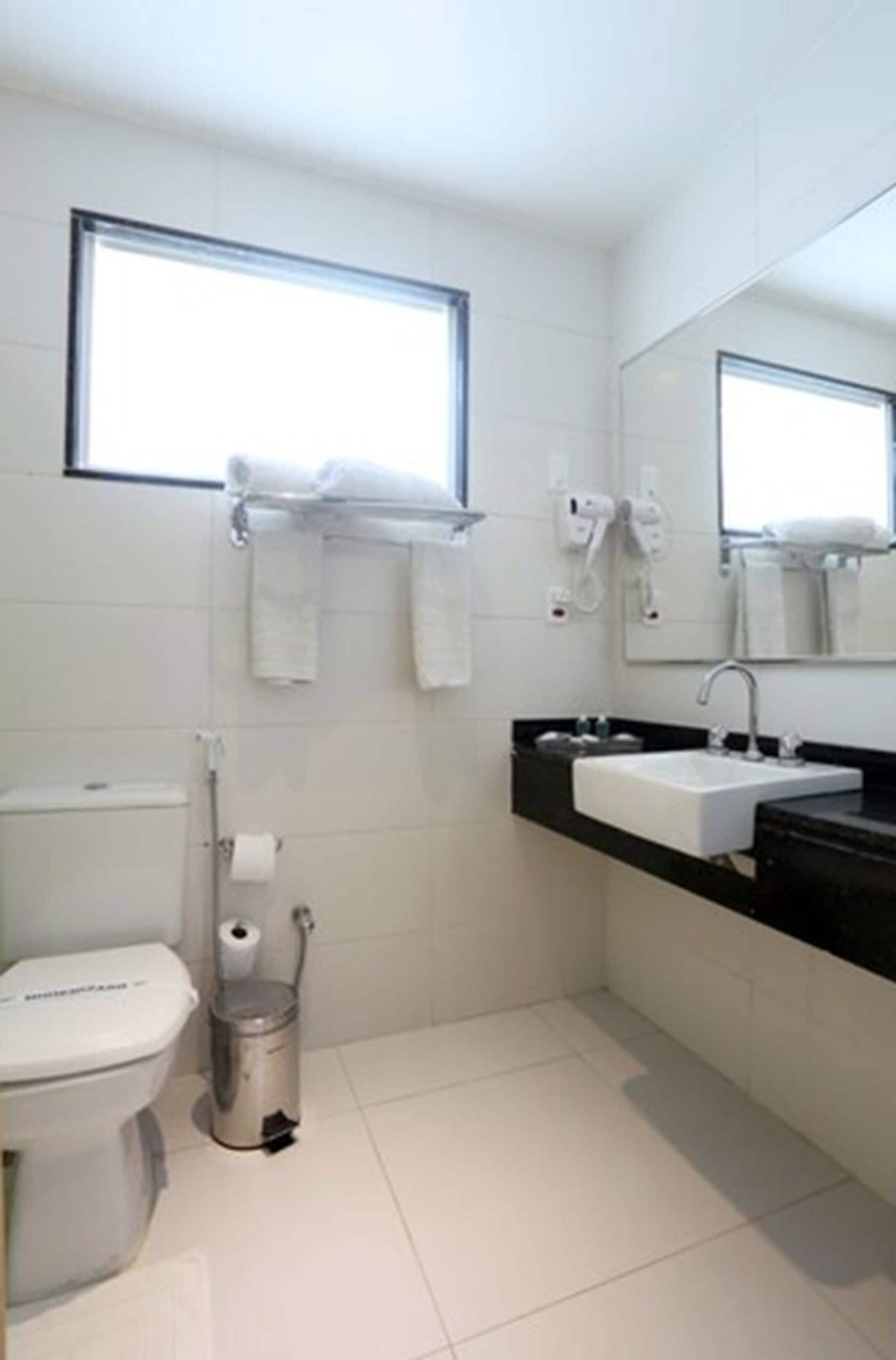 Un baño moderno con inodoro, lavabo y perchero para toallas.