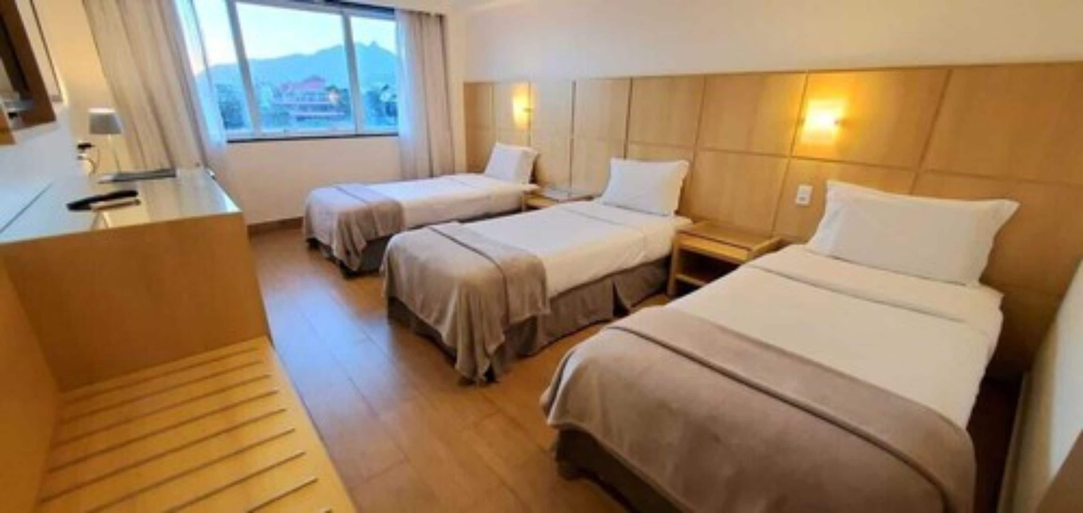 Una habitación de hotel con dos camas individuales, un escritorio y una ventana con vistas.