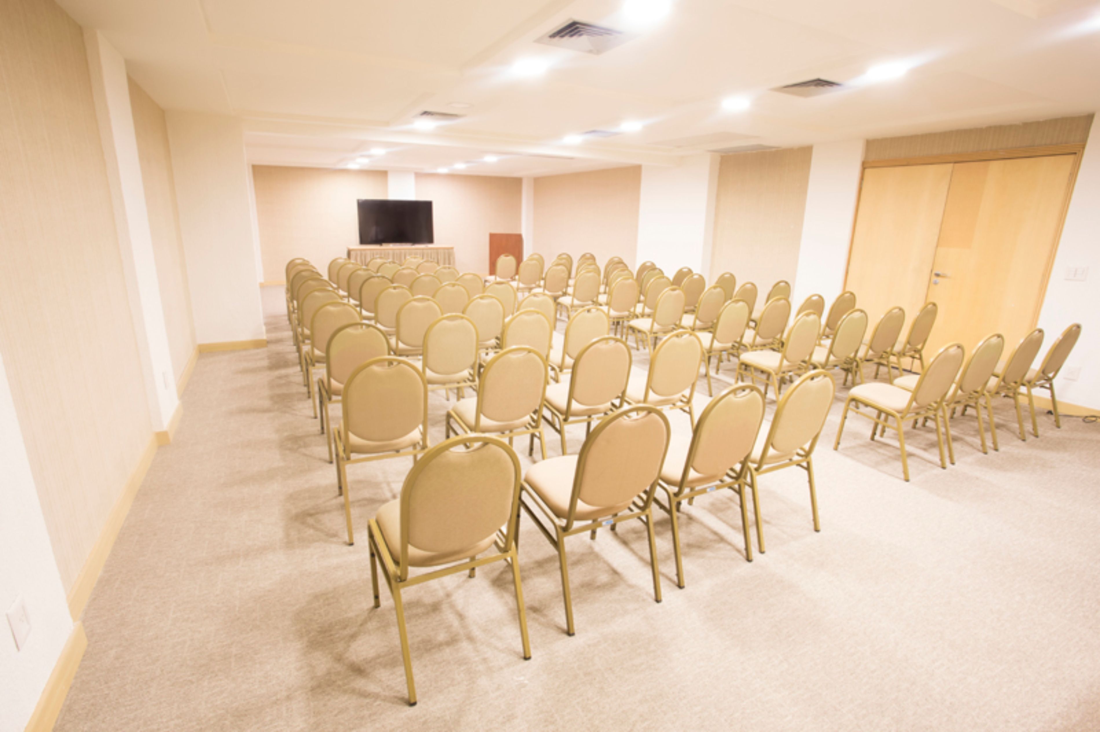 A conference room with rows of chairs, a television screen, and a wooden door.