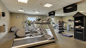 A fitness center with treadmills, elliptical machines, and a weight station.