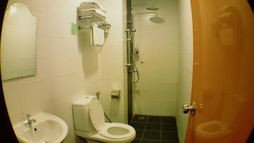 Un baño con inodoro, bidé y ducha.
