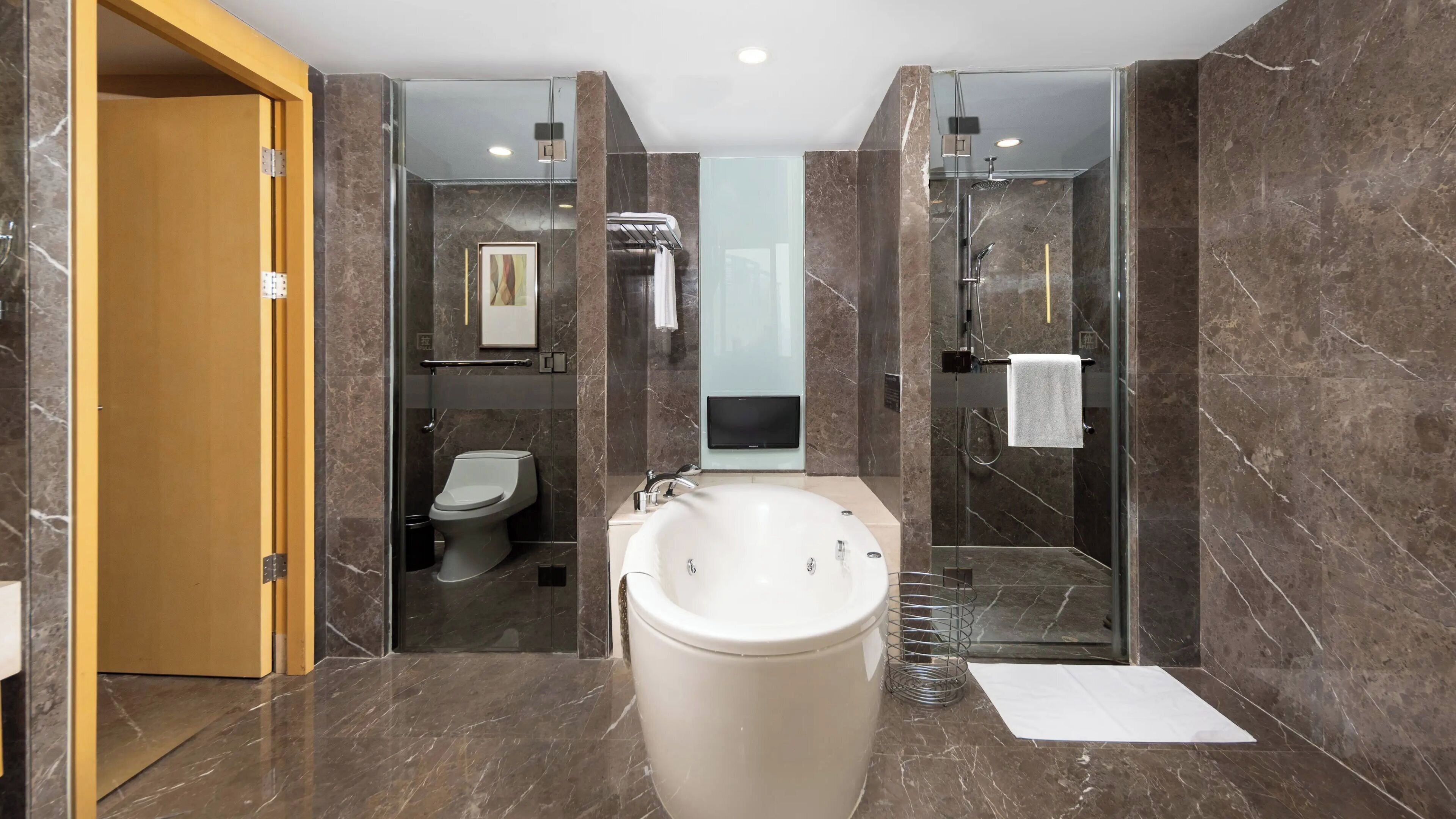 A modern bathroom with a large bathtub, a toilet, and a shower area.