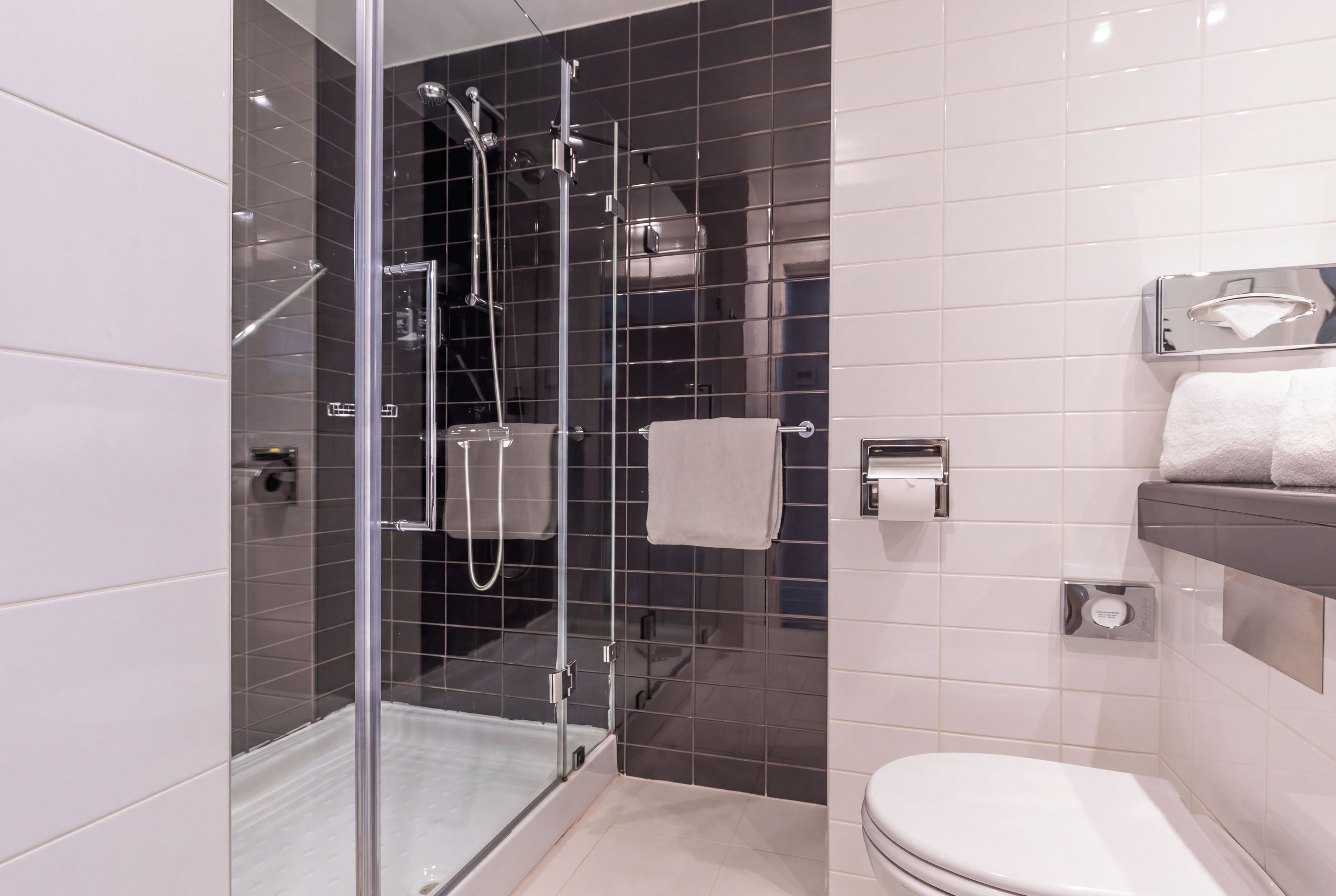 Un baño moderno con ducha envuelta en cristal, inodoro y perchero para toallas.