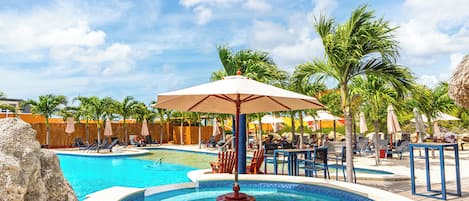 2 outdoor pools, open 8:00 AM to 10:00 PM, pool umbrellas, sun loungers