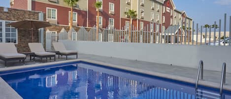 Outdoor pool, open 9:00 AM to 8:00 PM, pool umbrellas, sun loungers