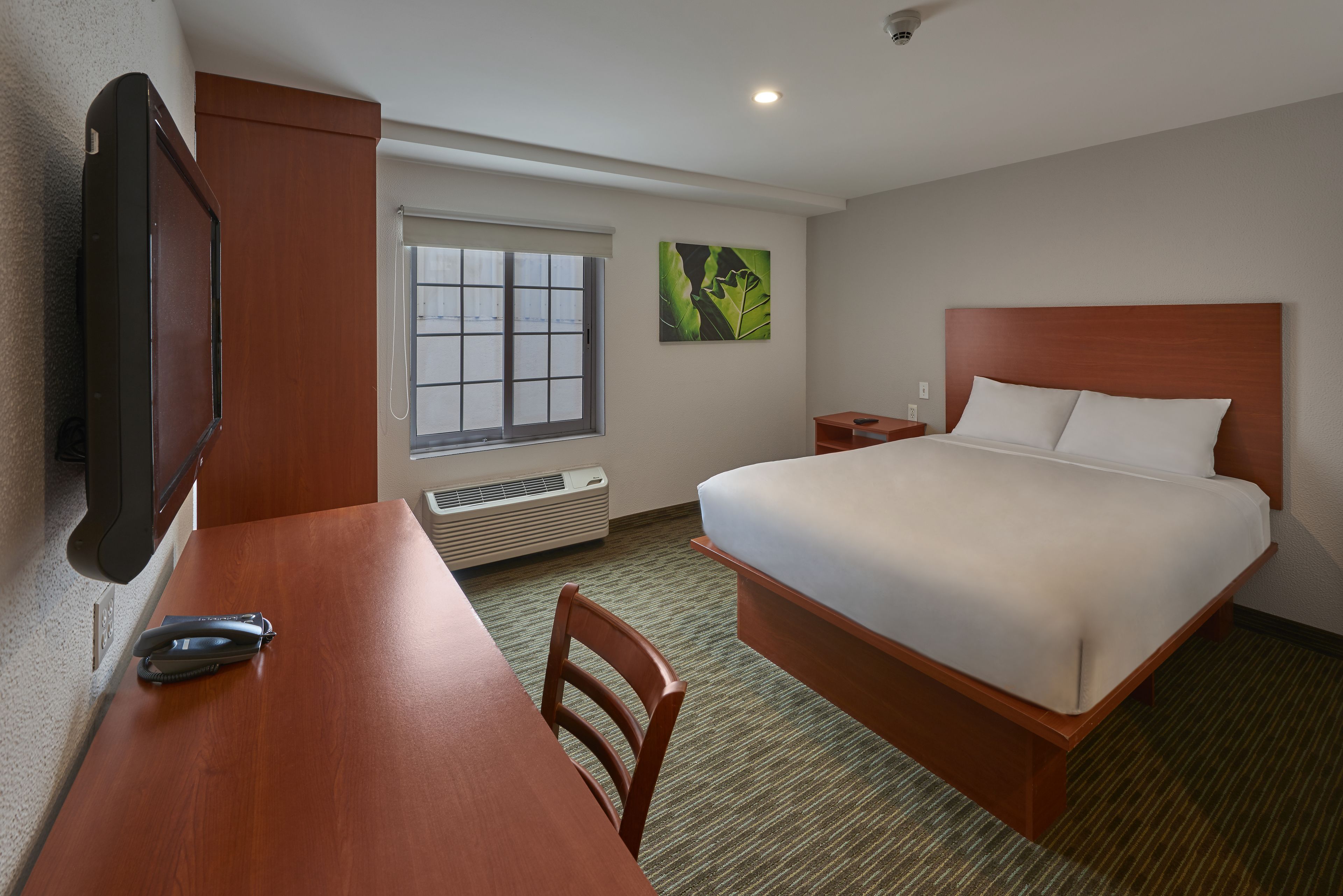 A hotel room with a bed, a desk with a chair, a TV, a window, and a wall-mounted artwork.