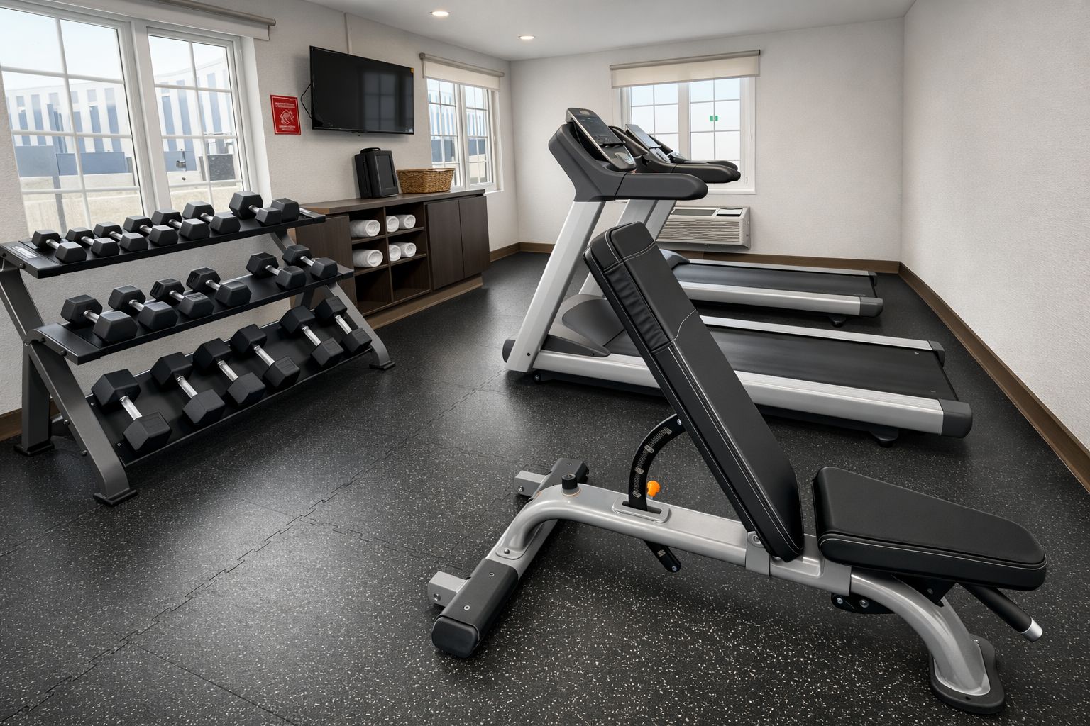 Ein Fitnessraum mit Laufbändern, einer Hantelbank und Kurzhanteln.