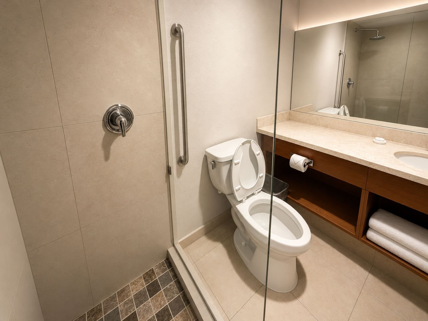 Une salle de bain moderne comprenant des toilettes, un espace douche et un meuble-lavabo avec un miroir.