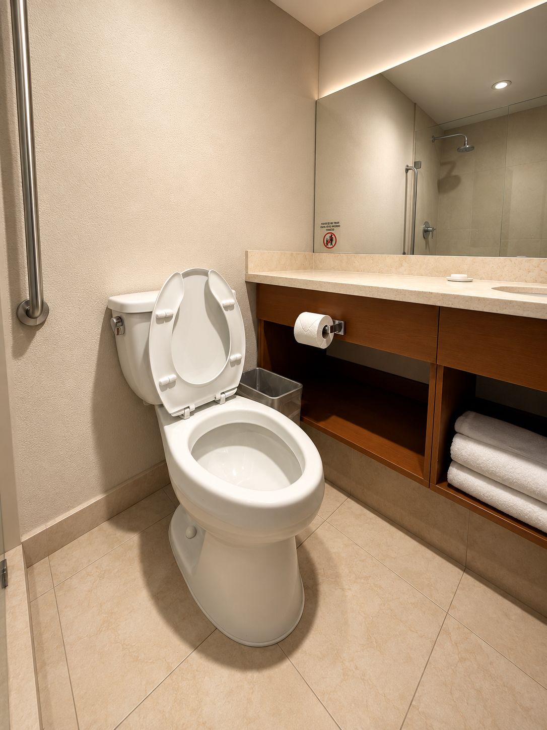 Un baño moderno con inodoro, lavamanos, espejo y ducha.