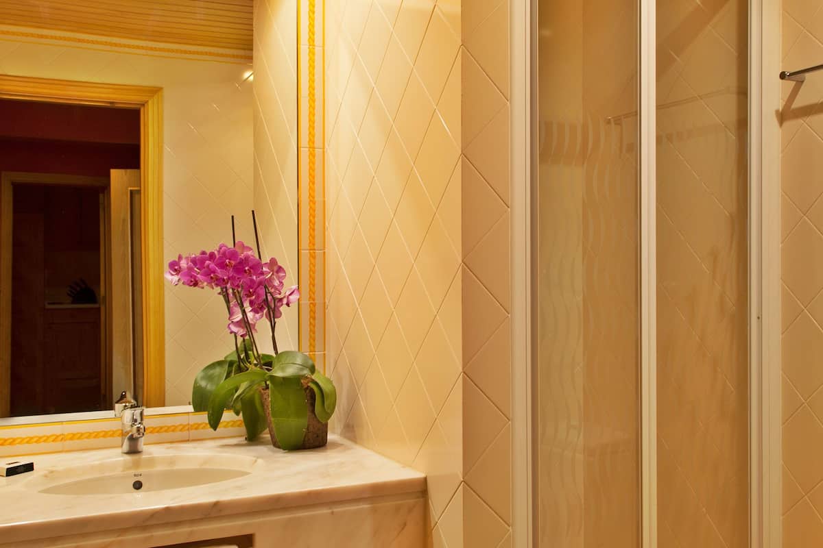 A bathroom with a wooden ceiling, a white sink with a mirror above it, a glass shower enclosure, and a potted orchid on the sink.