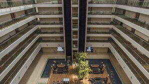 A multi-level atrium with a central open space featuring seating areas and a small tree.
