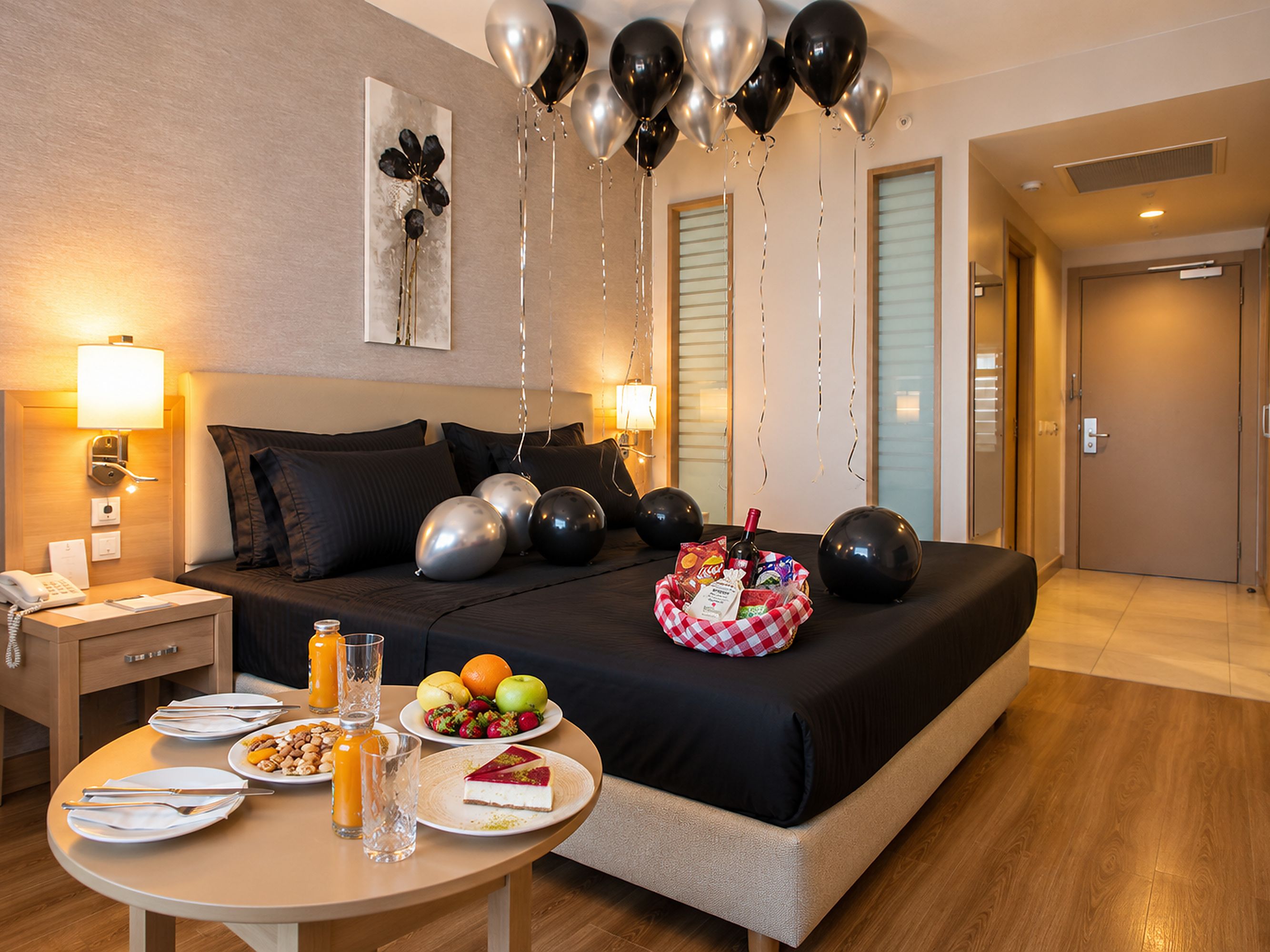 A hotel room with a neatly made bed, a dining table set with breakfast, and balloons.