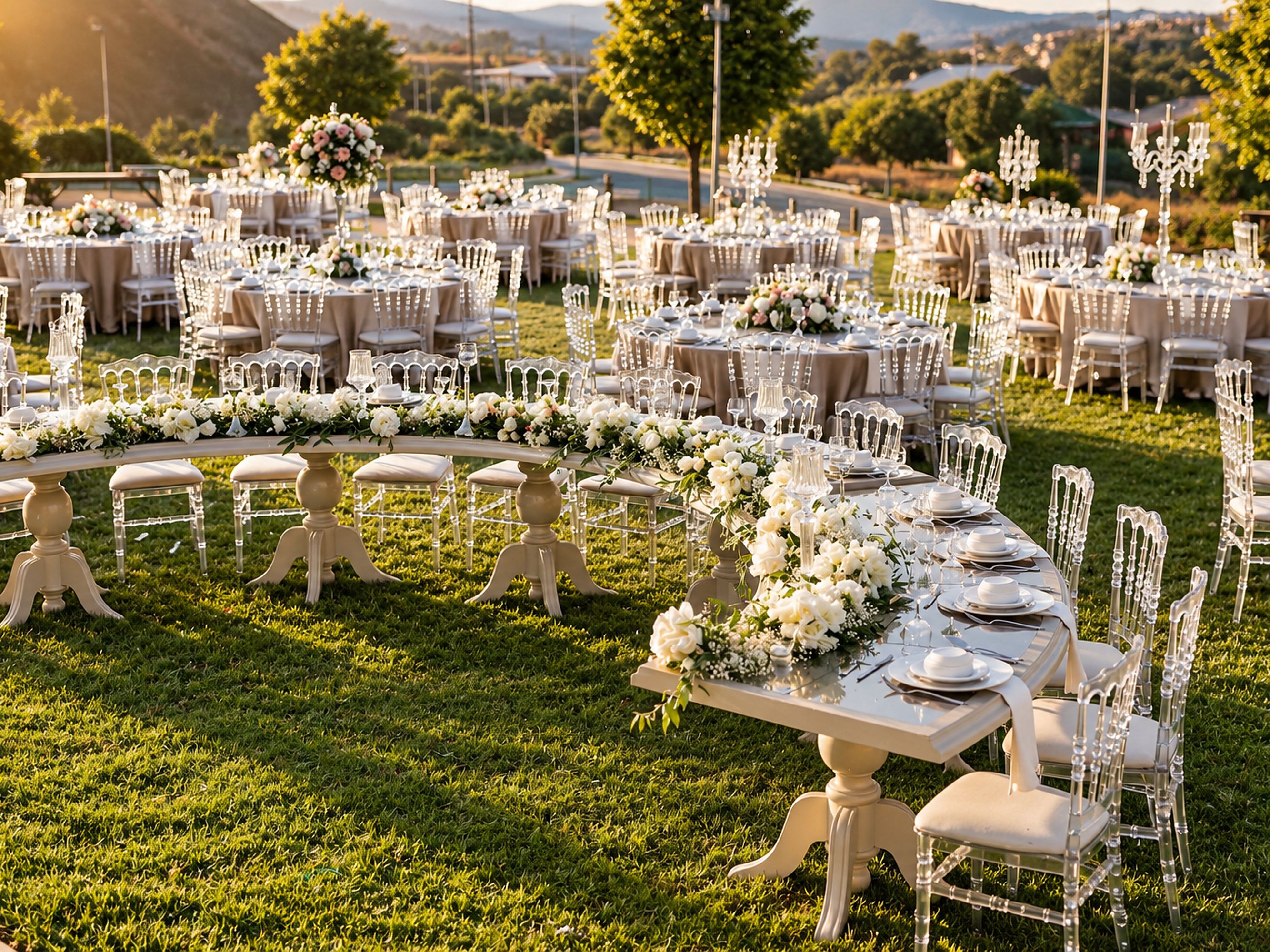 An outdoor wedding reception with round tables, white floral centerpieces, and clear chairs.