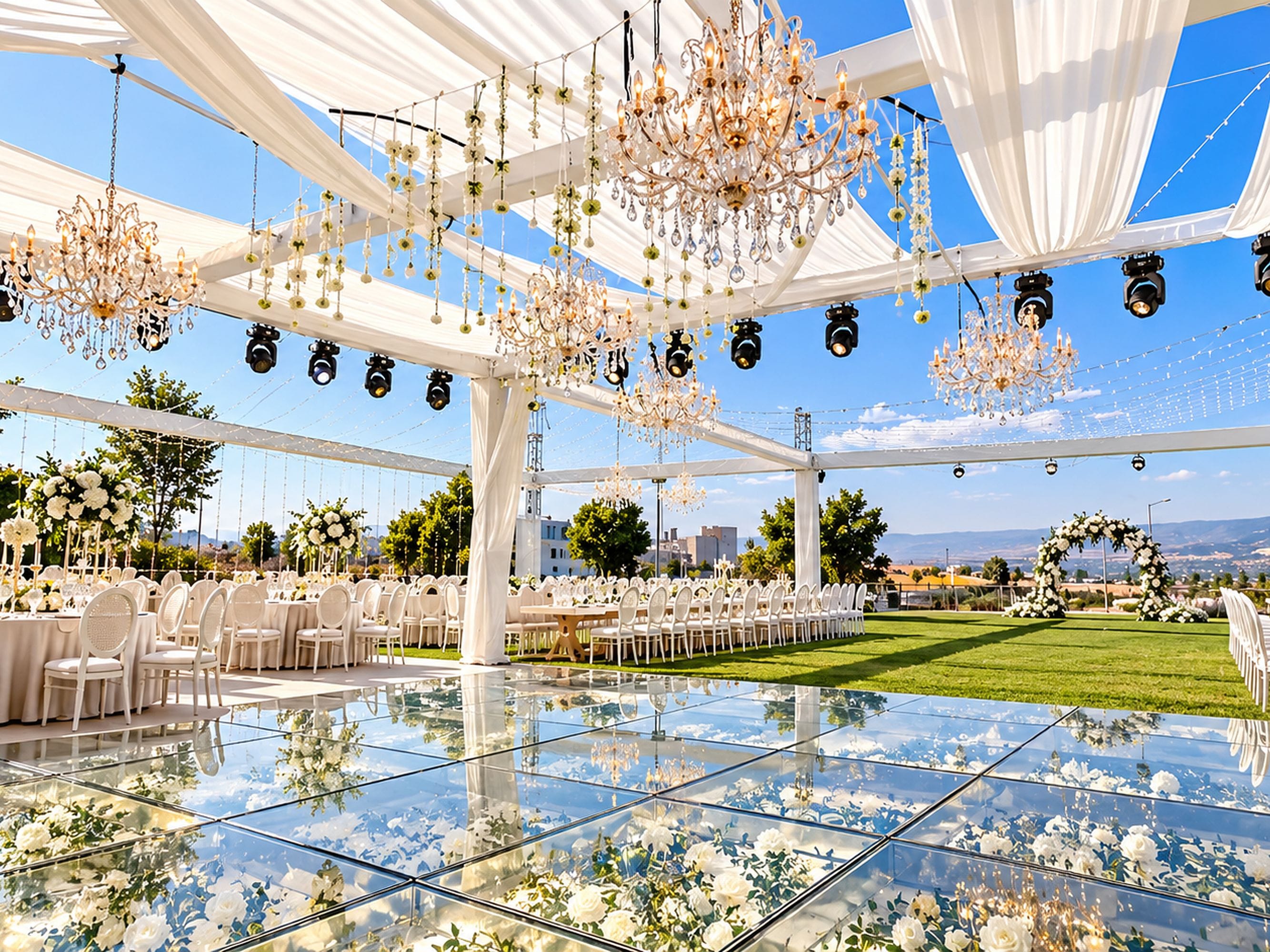 Espaço para eventos ao ar livre com piso de vidro, mesas brancas e lustres.