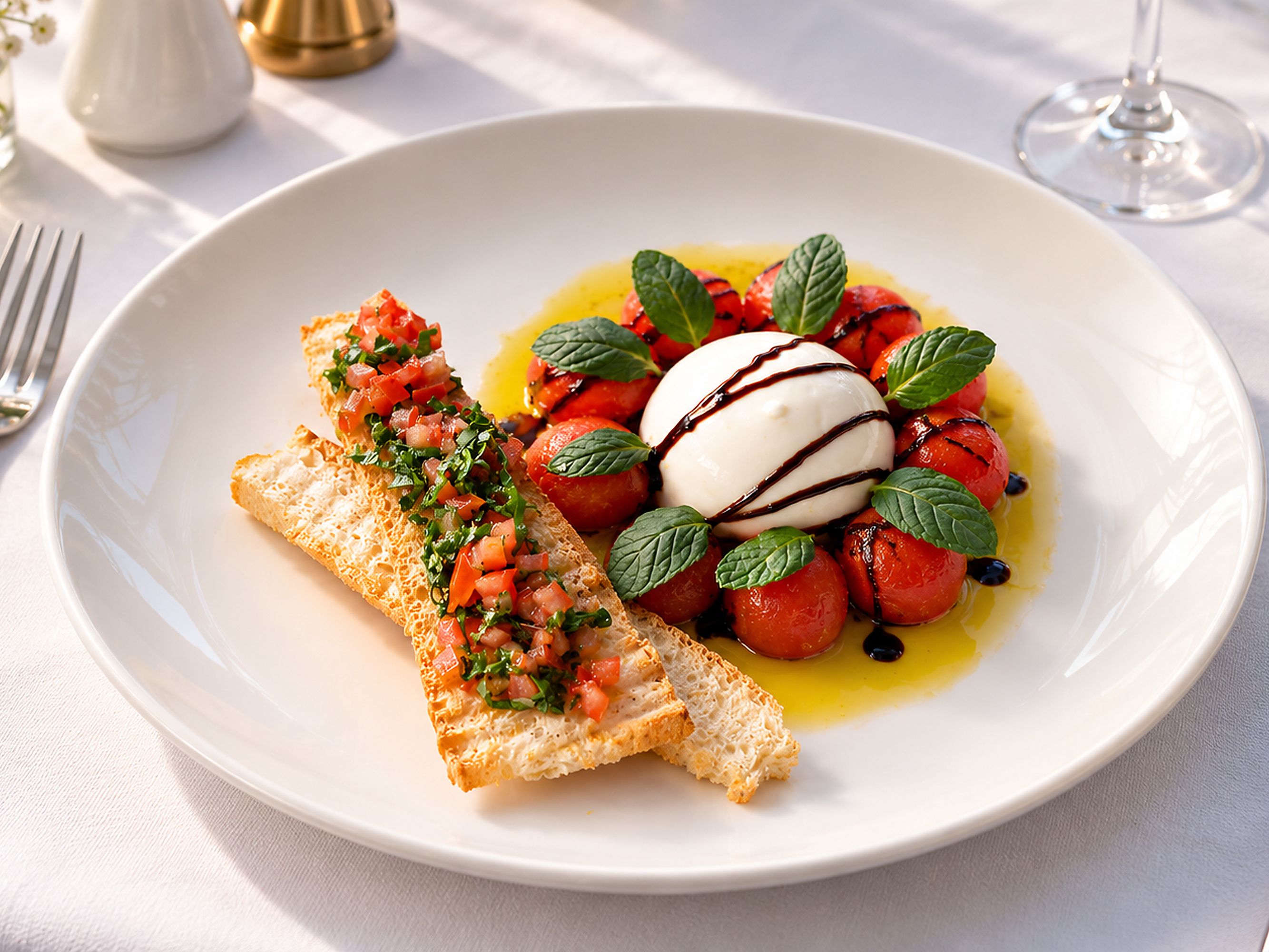 A plate with a grilled tomato salad, a scoop of ice cream, and a piece of bread.