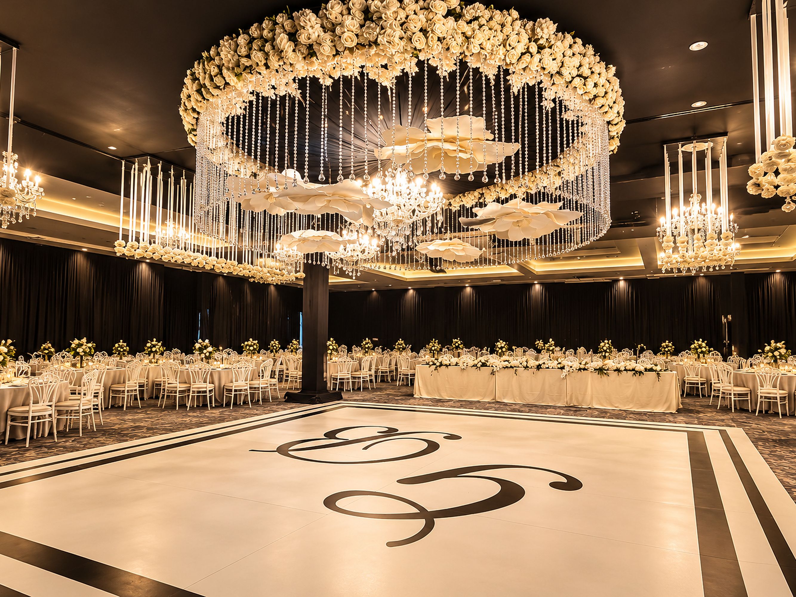 Un salón de baile con una gran composición floral circular y un piso central para bailar con un monograma.