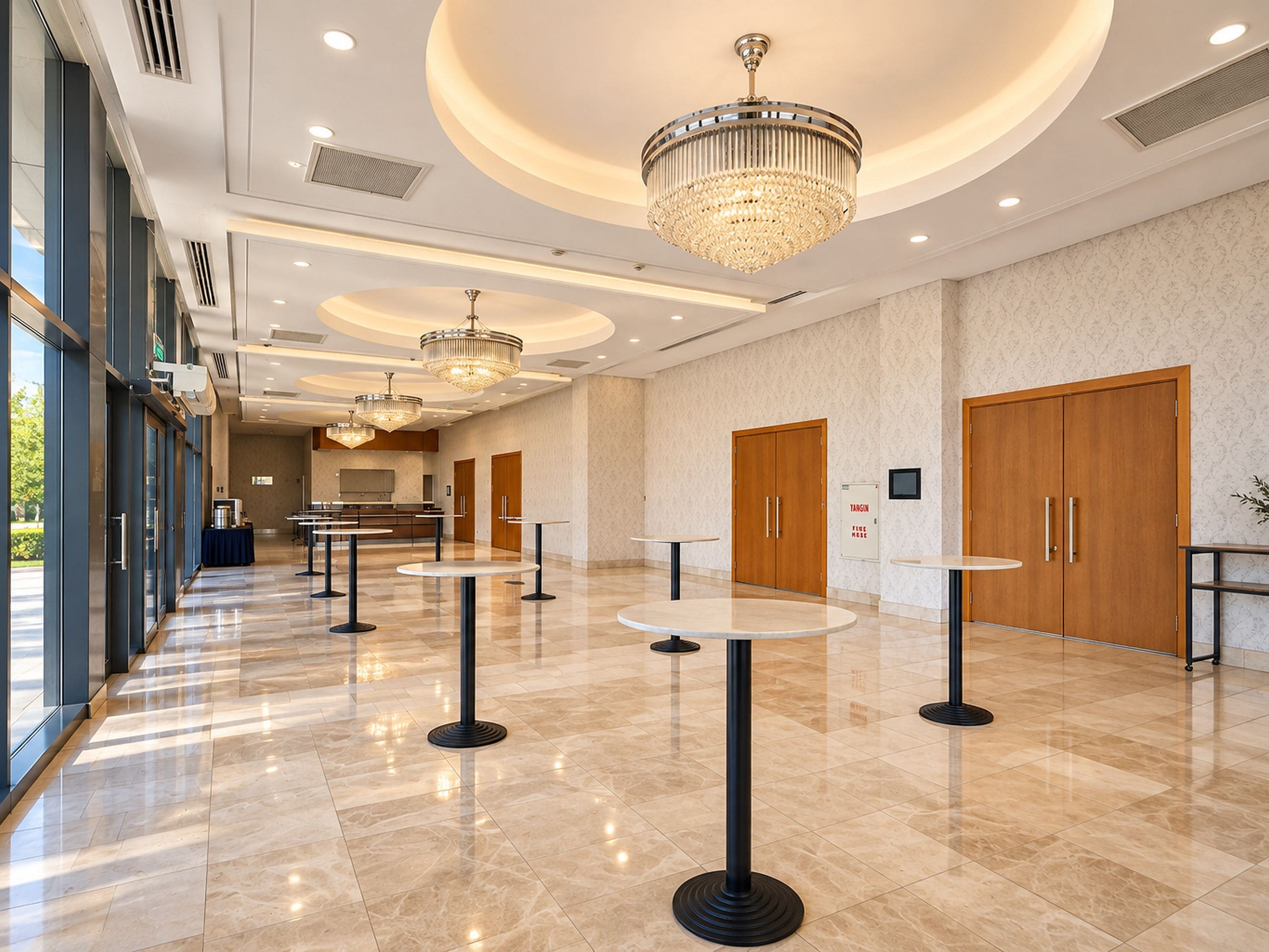 Un vestíbulo de hotel con un diseño moderno, que presenta una zona de estar central con mesas y sillas redondas, una lámpara de araña grande y un mostrador de recepción al fondo.