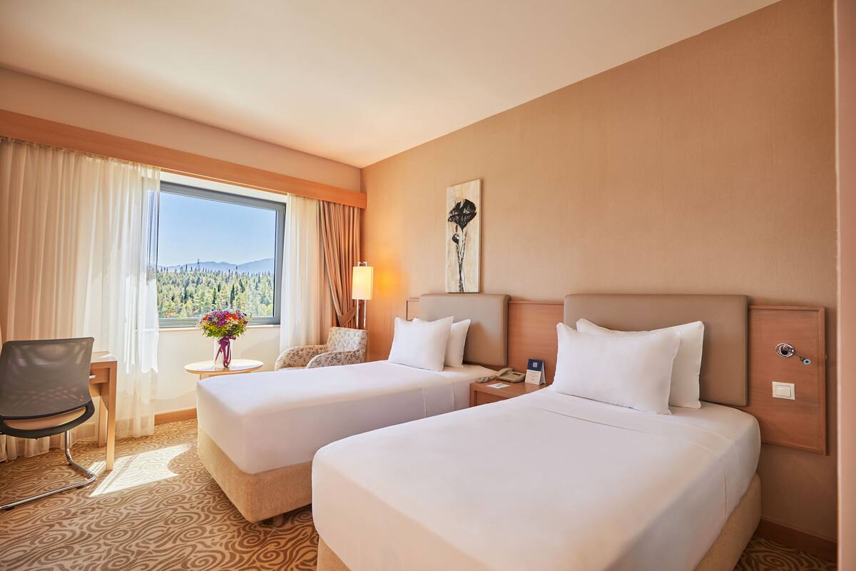 A hotel room with two beds, a desk, a chair, a lamp, and a view of a forest through the window.