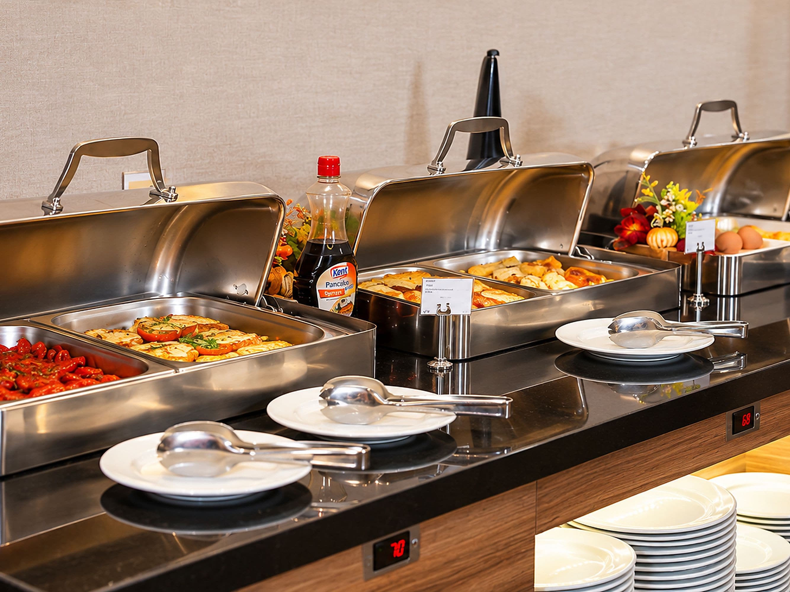A buffet setup with various food items and condiments.