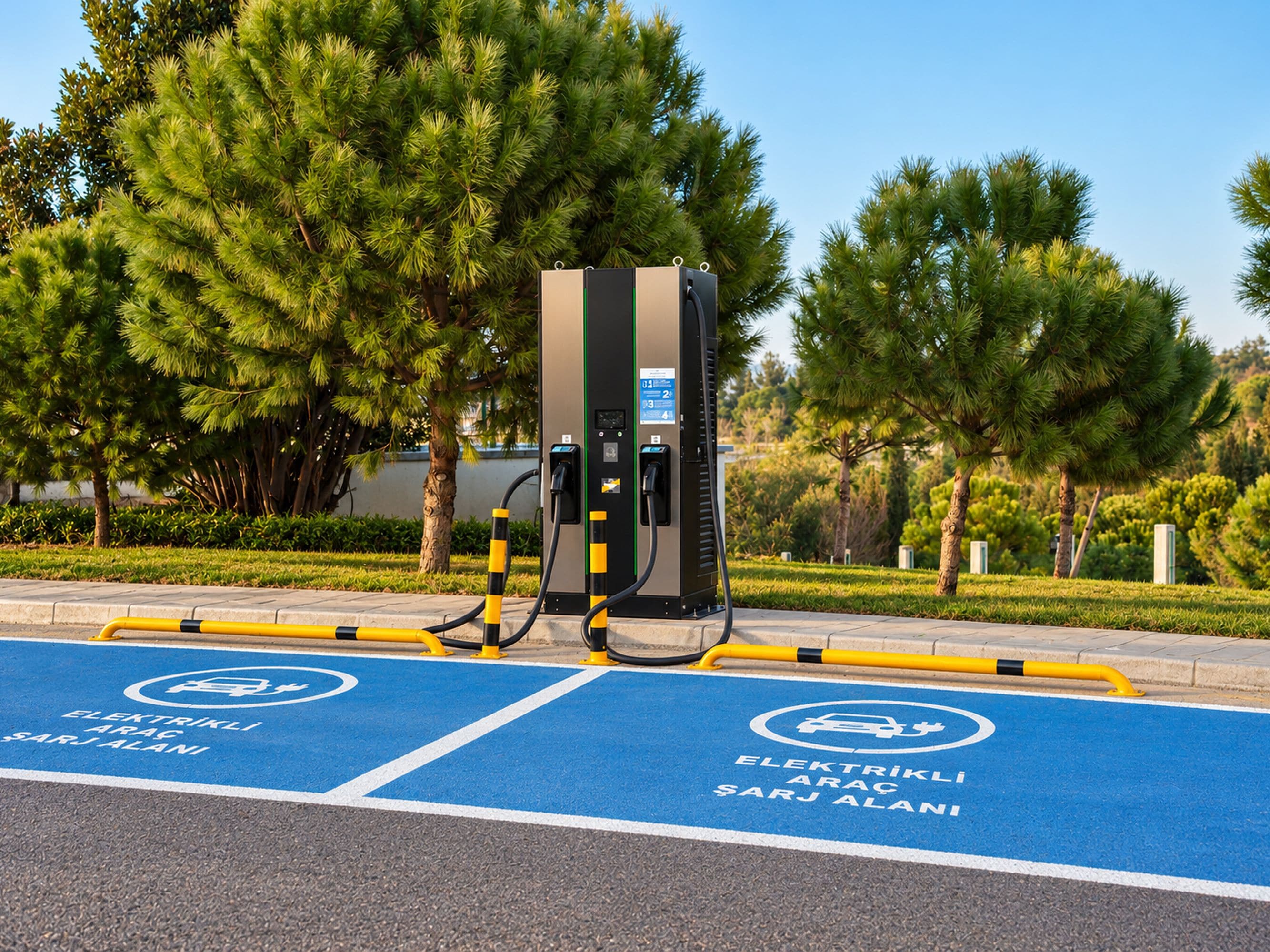 Estación de carga para vehículos eléctricos con un espacio de estacionamiento azul reservado para vehículos eléctricos, rodeada de árboles.