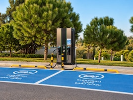 Estación de carga para vehículos eléctricos con un espacio de estacionamiento azul reservado para vehículos eléctricos, rodeada de árboles.